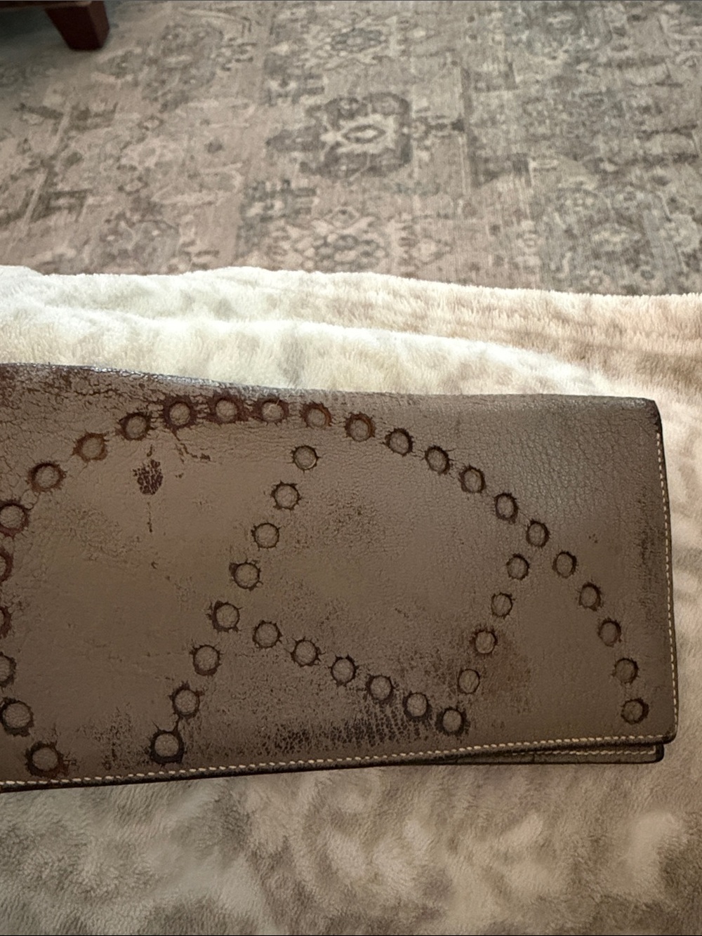 Hermes Taupe Leather Foldover Clutch with Stud Motif